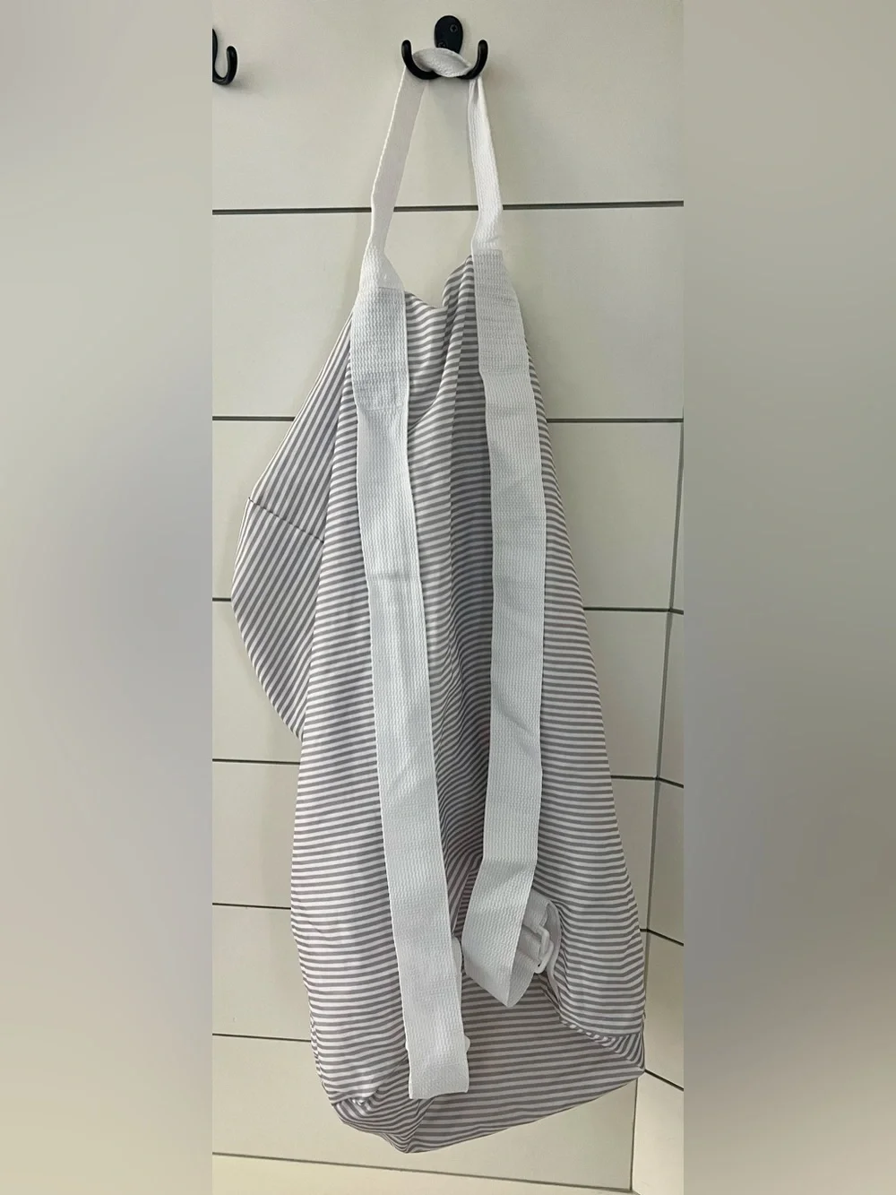 Large Gray & White Striped Laundry Backpack Bag